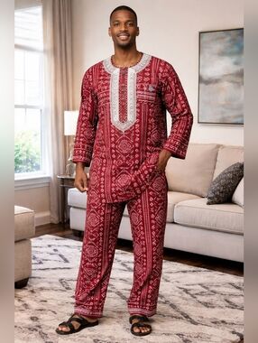 Men's Red Printed African Dashiki Set